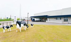 新工場の外観写真。牛の模型と牛乳パック型の看板が目を引く