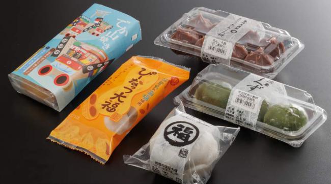 塩豆大福、でか山焼き、ぴーなつ大福など、粟津屋の商品の写真